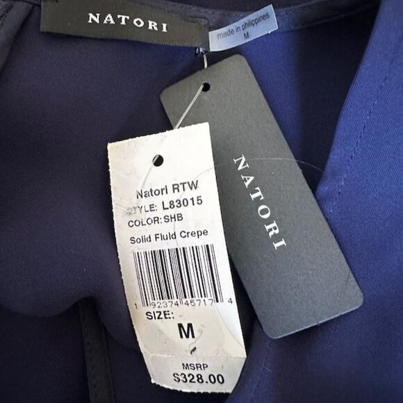 Natori Navy Blue Crepe Cape Dress V-Neck Belted Size M NWT - Picture 7 of 10